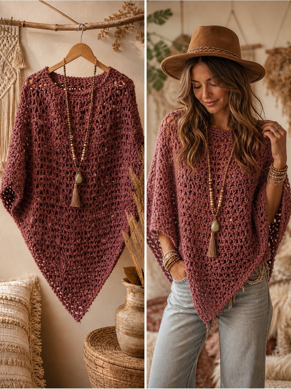 Handmade Boho Crochet Poncho Sweater One Size Soft Stretchy Festival